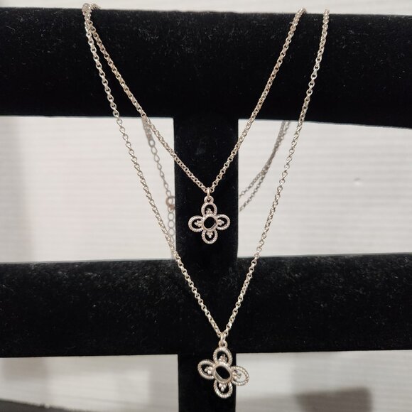 Retro Silver Tone Double Strand Dainty Flower Chain Statement Necklace - Picture 2 of 9